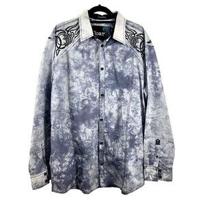 Roar Signature Button-Up Blue Shirt w/ Embroidered Slash Designs Mens Size XXL